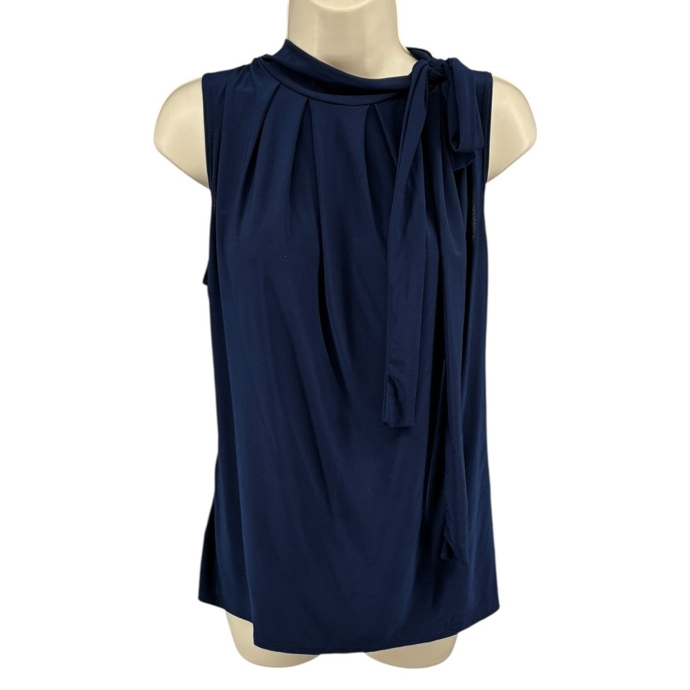 Tiffany Grey Nordstrom Navy Sleeveless‎ Tie Neck Pleated Blouse Petite Large EUC